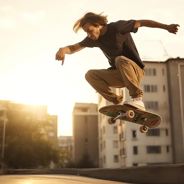 Kaukaski mężczyzna robi sztuczki lub skacze na deskorolce na ulicy Młody człowiek z skater jumping