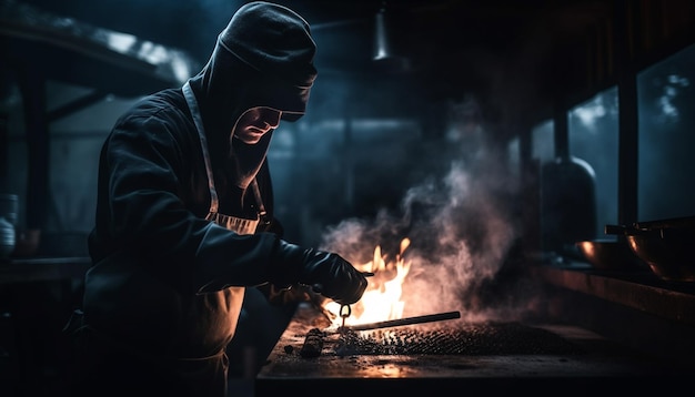 Kaukaski mężczyzna spawa stal w ciemnym warsztacie generowanym przez sztuczną inteligencję