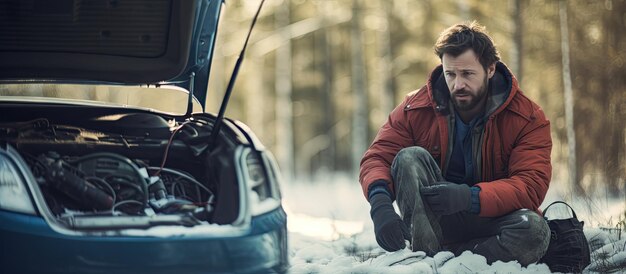 Zdjęcie kaukaski mężczyzna w śnieżnym lesie z zepsutym samochodem wzywającym mechanika pusta droga
