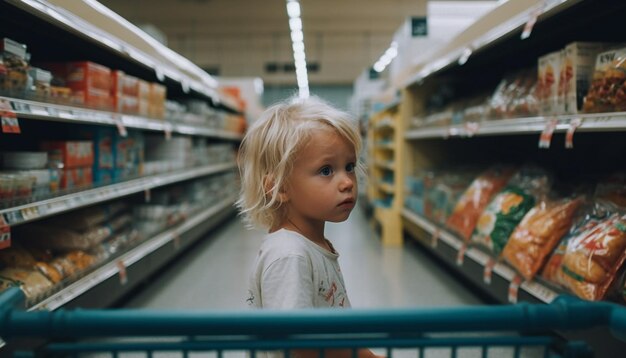 Kaukaskie dziecko uśmiecha się wybierając zdrową żywność w supermarkecie z rodziną wygenerowaną przez AI