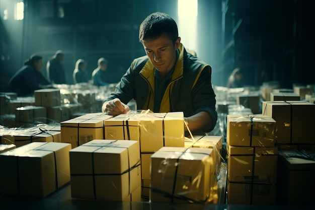 Kaukazyjczyk pracuje w nowoczesnym magazynie, przechowując i układając paczki.