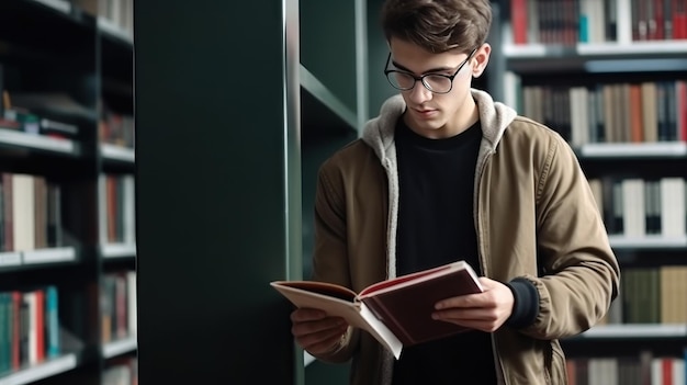 Zdjęcie kaukazyjski student w okularach czyta książkę stojącą w pobliżu półek w bibliotece uniwersyteckiej