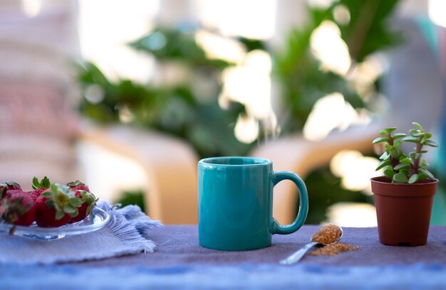 kawa espresso w turkusowym ceramicznym kubku na zewnątrz na balkonie z roślinami i krzesłami