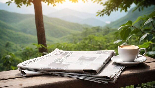 kawa i gazeta z tłem przyrody