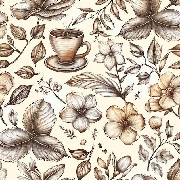 kawa i kwiaty związane ręcznie rysowane