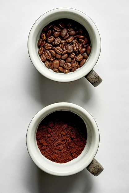 Kawa mielona i ziarna kawy w filiżankach espresso na białym tle