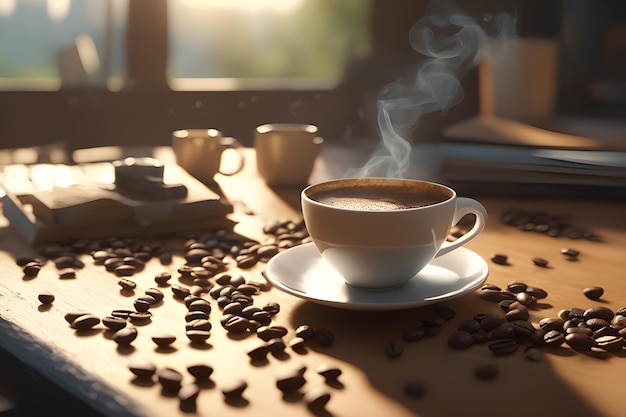 kawa na stole w naturze generowana przez sztuczną inteligencję