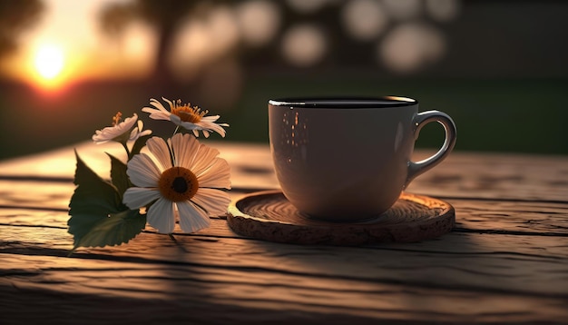 Kawa w filiżance na drewnianym stole z kwiatami w sezonie wiosennym uspokaja i relaksuje gorącą kawę Generative AI
