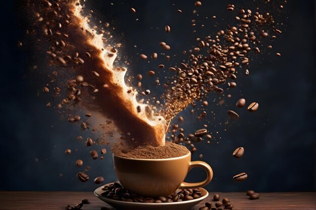 kawa w kubku pękająca ziarna kawy latające ai generowane tło