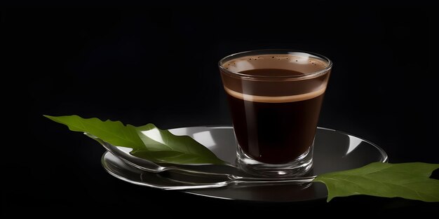 Kawa w szklanym kubku na czarnym tle z zielonymi liśćmi