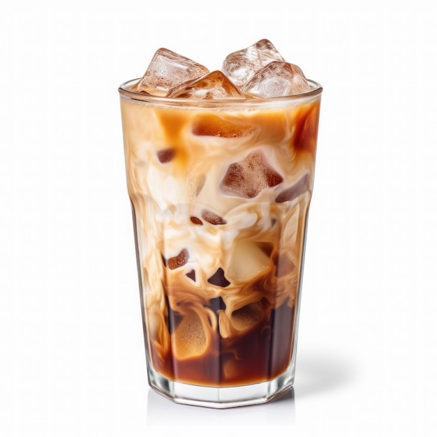 Kawa wlewa się do kubka wypełnionego kostkami lodu i mlekiem, tworząc mrożoną latte lub macchiato na izolowanym białym tle Generacyjna sztuczna inteligencja