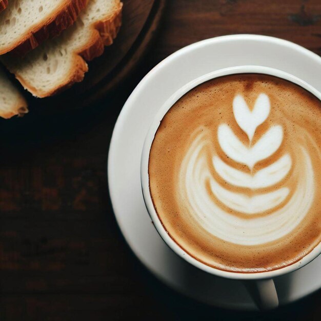 Zdjęcie kawa z latte art i chleb na stole jadalnym