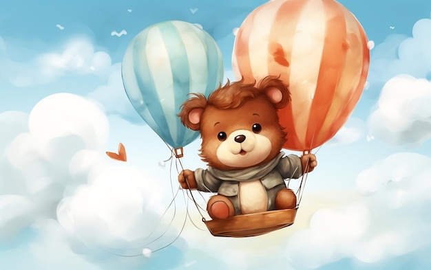 Kawaii Baby Bear Flying in Hot Air Balloon Styl akwarelowy Generative Ai