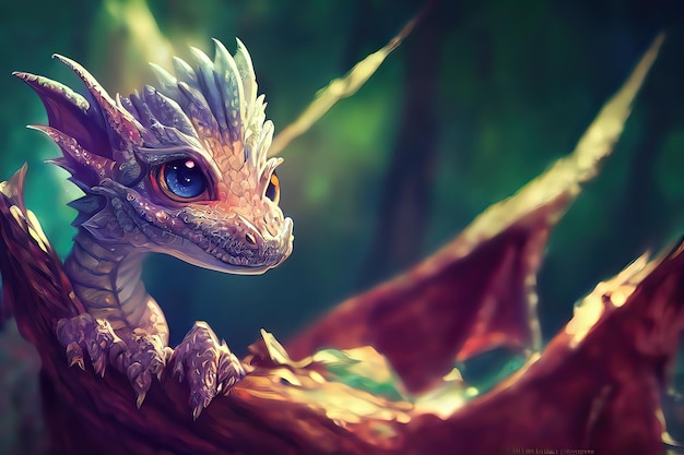 Kawaii Baby Dragon Śliczna jasna i kolorowa animacja renderowania 3D Urocze smocze dziecko z dużymi oczami i realistycznymi łuskami w jego naturalnym środowisku malowanie ilustracji w stylu sztuki cyfrowej