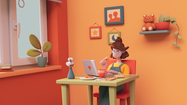 Kawaii casual zabawna uśmiechnięta dziewczyna używa komputera do nauki w pobliżu okna nastoletni pokój z żółtymi ścianami zielony stół krzesło rośliny książki filiżanka kawy niedźwiedź zabawka smartfon ciasteczka 3d render minimalistyczny styl
