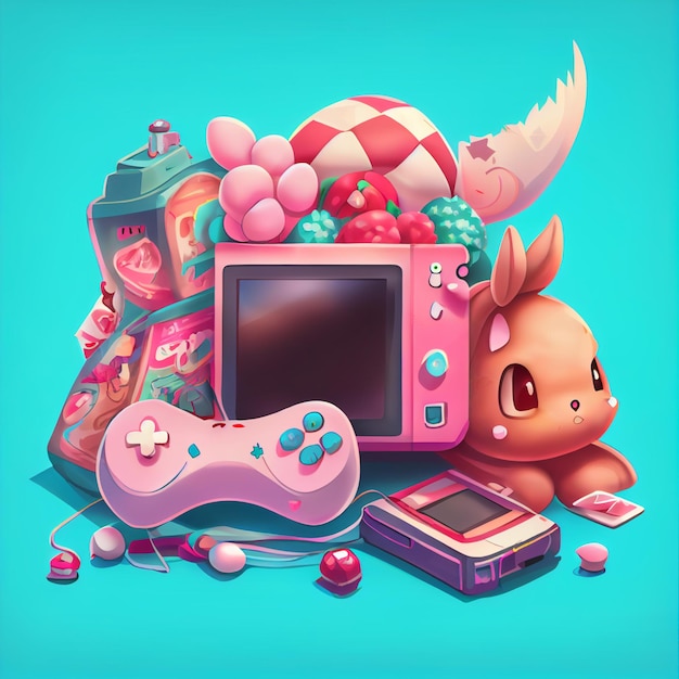 Kawaii gamer zestaw wideokonsola do gier pc komputer kontroler gier ilustracja