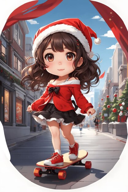 Kawaii Koreańska Chibi Skater Girl Obejmuje Zimę w Santa Hat