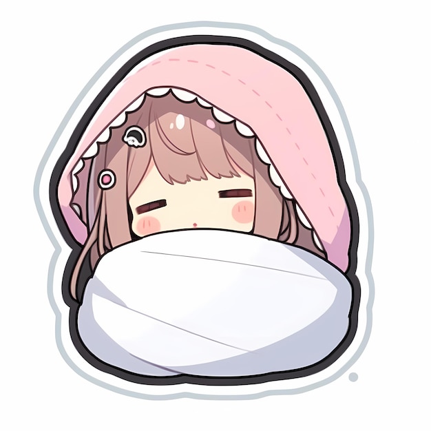 Kawaii Sleepy koc dziewczyna Chibi Anime sztuka wektor naklejka z czystą pogrubioną linią ładny prosty cyfrowy