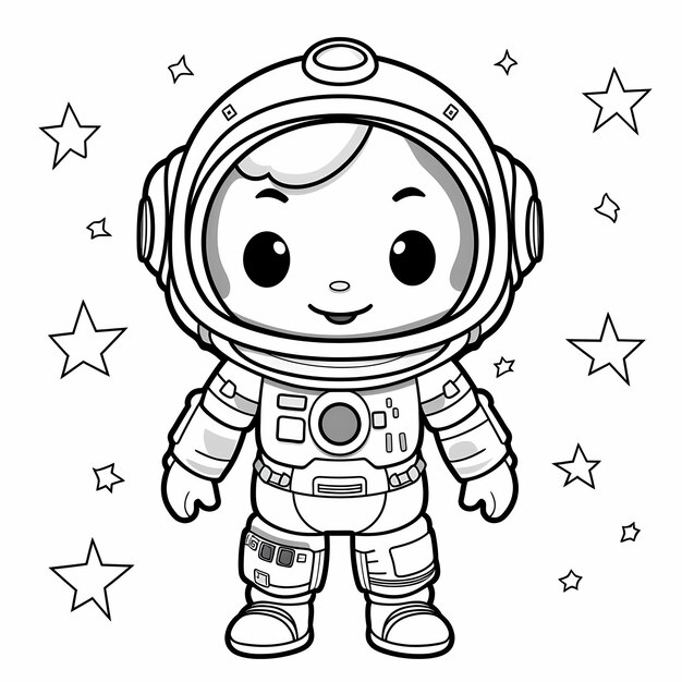 Kawaii Style Lineart Coloring Book z PixarInspired Astronaut na rakiecie