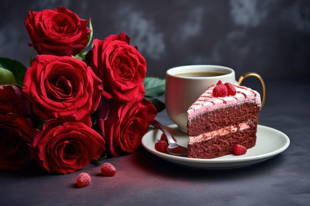 Kawałek ciasta czekoladowego filiżanka kawy i bukiet czerwonych róż na Walentynki lub urodziny