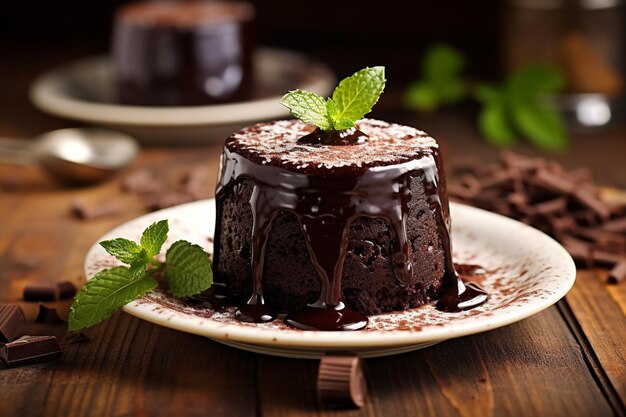 Zdjęcie kawałek ciasta czekoladowego z čokoladową glazurą i czekolą rozsypaną na górze