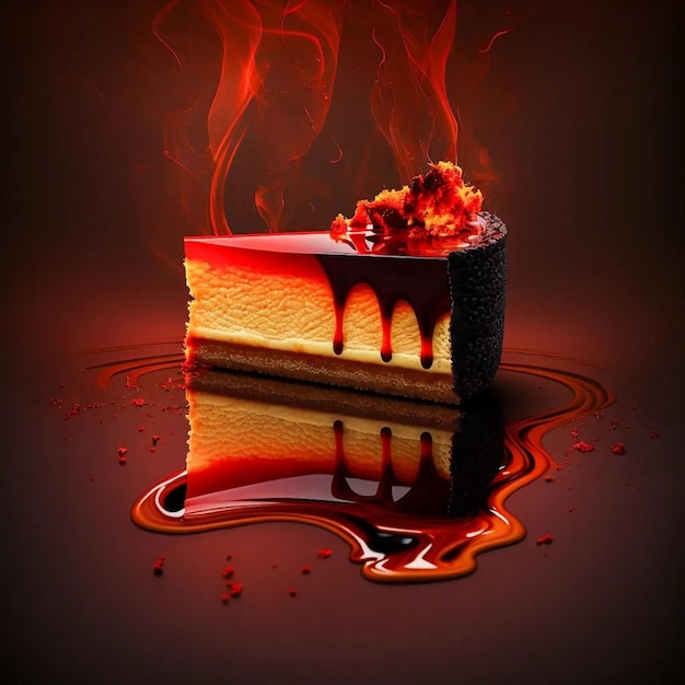 Kawałek ciasta czekoladowego z czerwonym płynem na spodzie.