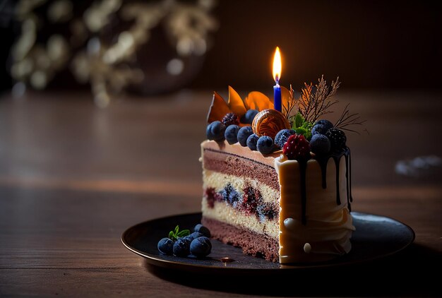 Kawałek ciasta czekoladowego z jagodami i świecą z boku