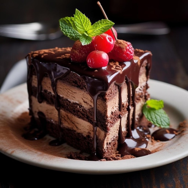 Kawałek ciasta czekoladowego z malinami na wierzchu