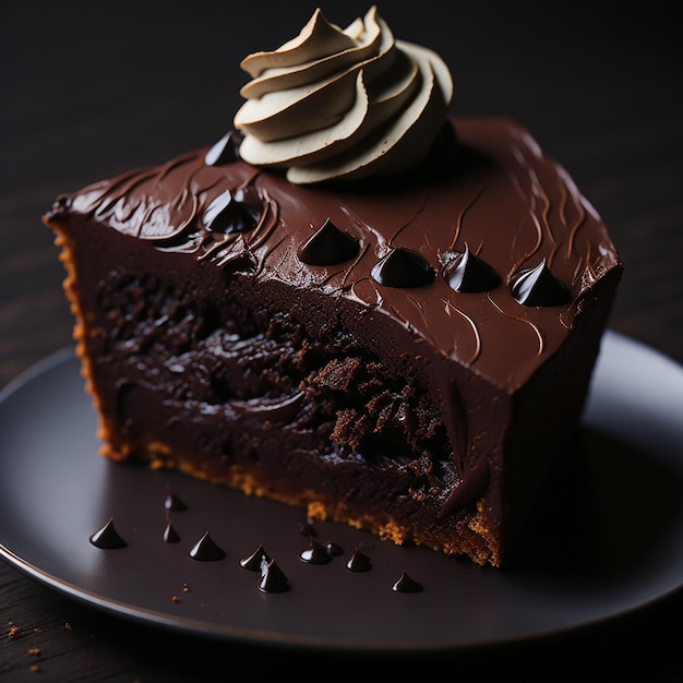 Kawałek ciasta czekoladowego z polewą czekoladową i wiórkami czekoladowymi.