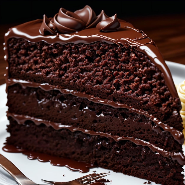 Kawałek ciasta czekoladowego z polewą czekoladową na wierzchu.