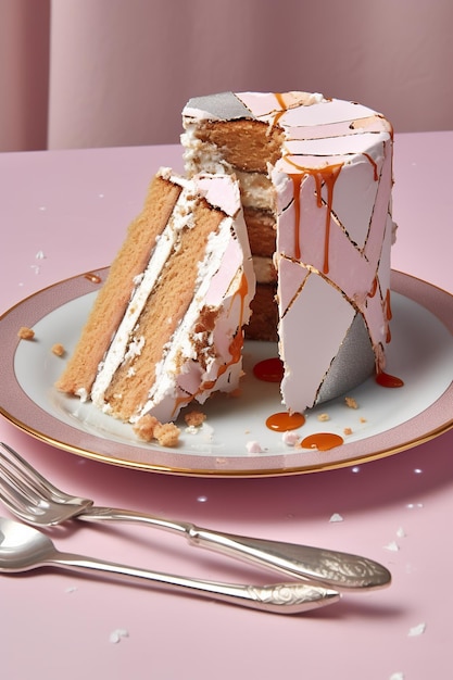 Kawałek ciasta na talerzu z generatywnym obrazem ai widelca