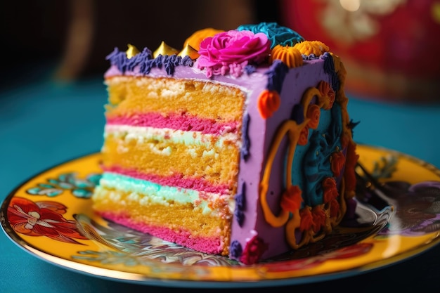Kawałek ciasta ozdobiony żywymi kolorami i skomplikowanymi detalami
