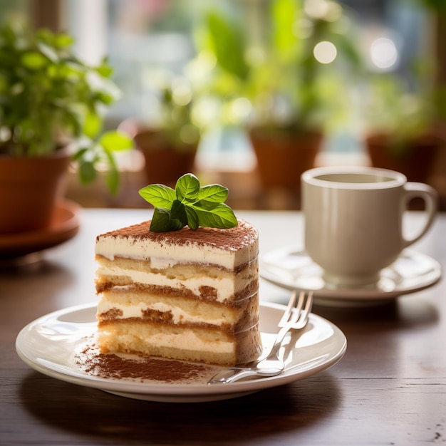 Kawałek ciasta tiramisu z kawą na stole w kawiarni