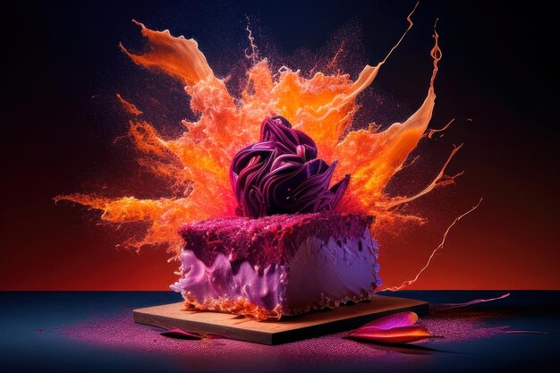 Kawałek ciasta z fioletowym i czerwonym lukrem