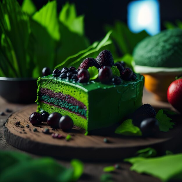 Kawałek ciasta z zieloną warstwą ciasta.