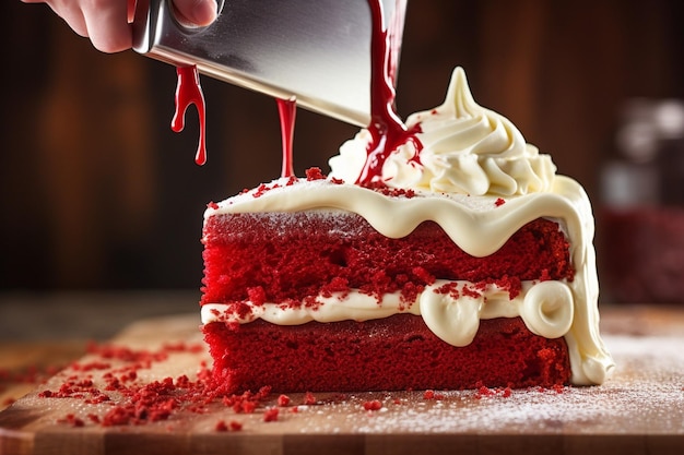 Zdjęcie kawałek czerwonego aksamitnego ciasta z łyżką lody pistacjowej