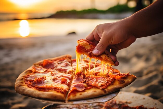 Kawałek hawajskiej pizzy jest odciągnięty, pokazując roztopiony ser