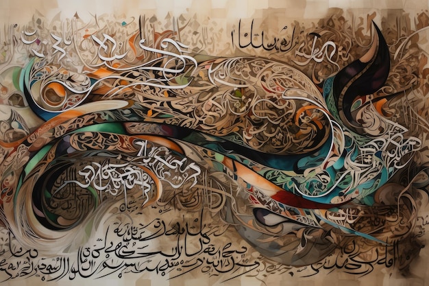 Zdjęcie kawałek kaligrafii ze skomplikowanymi płynącymi literami i projektami stworzonymi za pomocą generatywnej sztucznej inteligencji