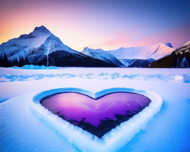 kawałek lodu w kształcie serca z górami w tle
