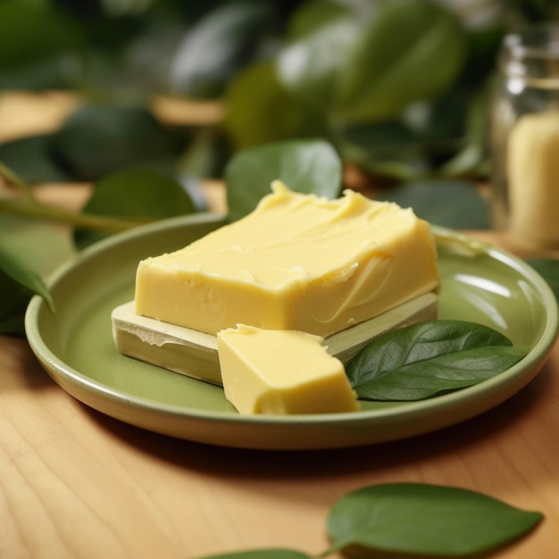 Kawałek masła na talerzu i zielona roślina na żółtym tle