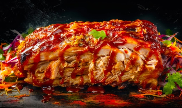Kawałek mięsa pokryty sosem i przyozdobiony zielonym liściem Generative AI