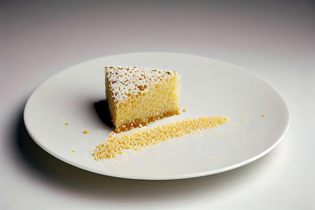 Kawałek okruchów ciasta biszkoptowego na białym talerzu na deser