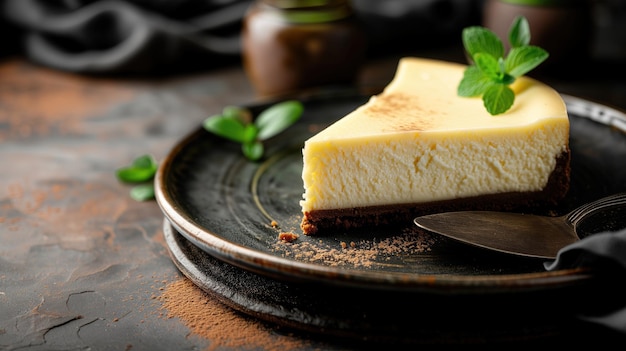 Kawałek pieczonego cheesecake z ozdobą miętową