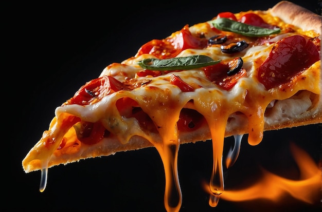 Zdjęcie kawałek pikantnej pizzy na czarnym tle