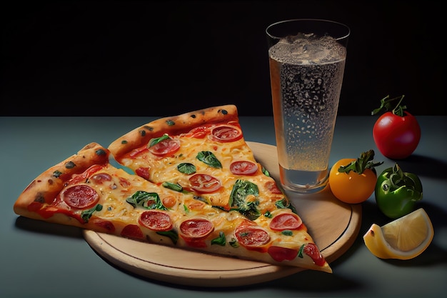 Kawałek pizzy leży obok szklanki lemoniady.