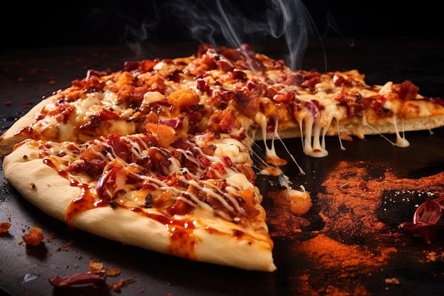 Zdjęcie kawałek pizzy na grillu z dodatkiem pikantnego sosu grillowego