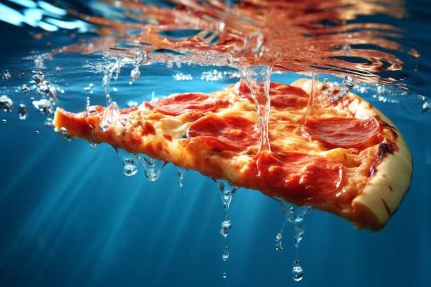 Zdjęcie kawałek pizzy pływający w basenie z nadmuchiwanymi kawałkami pizzy w pobliżu