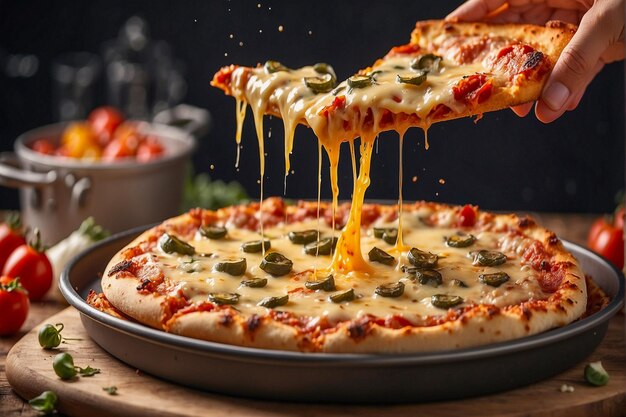 Kawałek pizzy podnoszony z patelni z roztopionym serem z boku