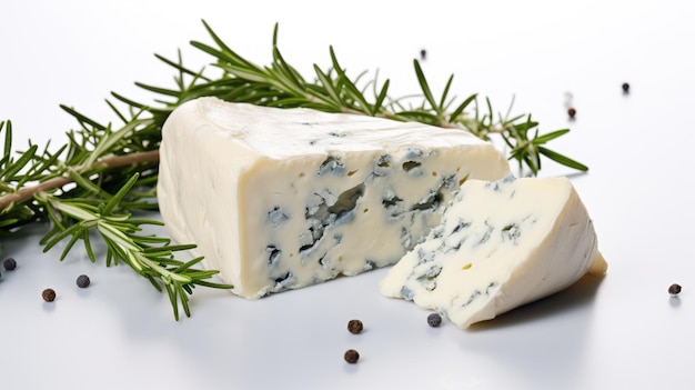 Kawałek sera gorgonzola lub dor blu z gałązką rozmarynu na białym tle