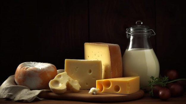 Zdjęcie kawałek sera i świeże mleko organiczny ser cheddar śniadaniowa przekąska dla smakoszy generative ai